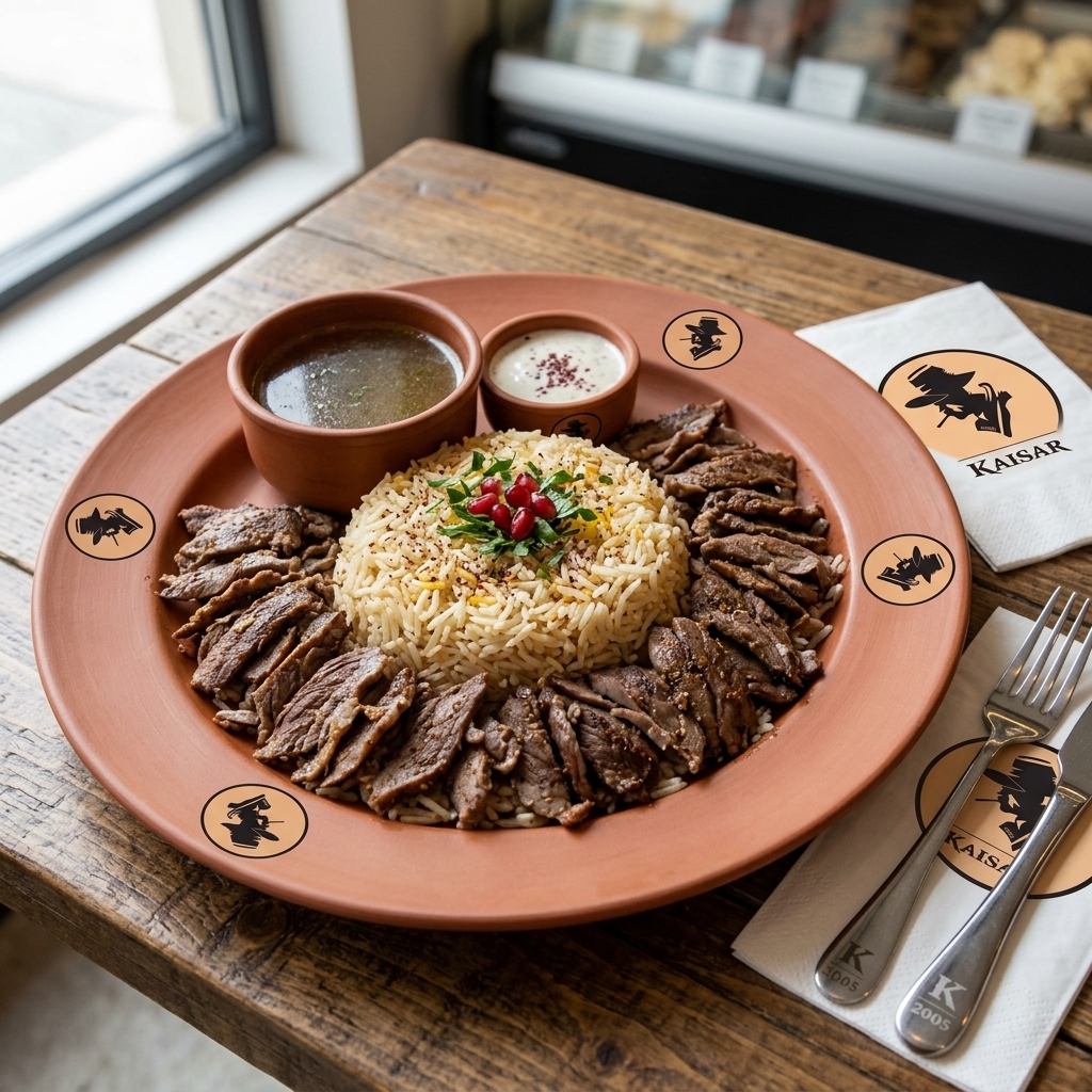 رز ومرق مع شاورما لحم