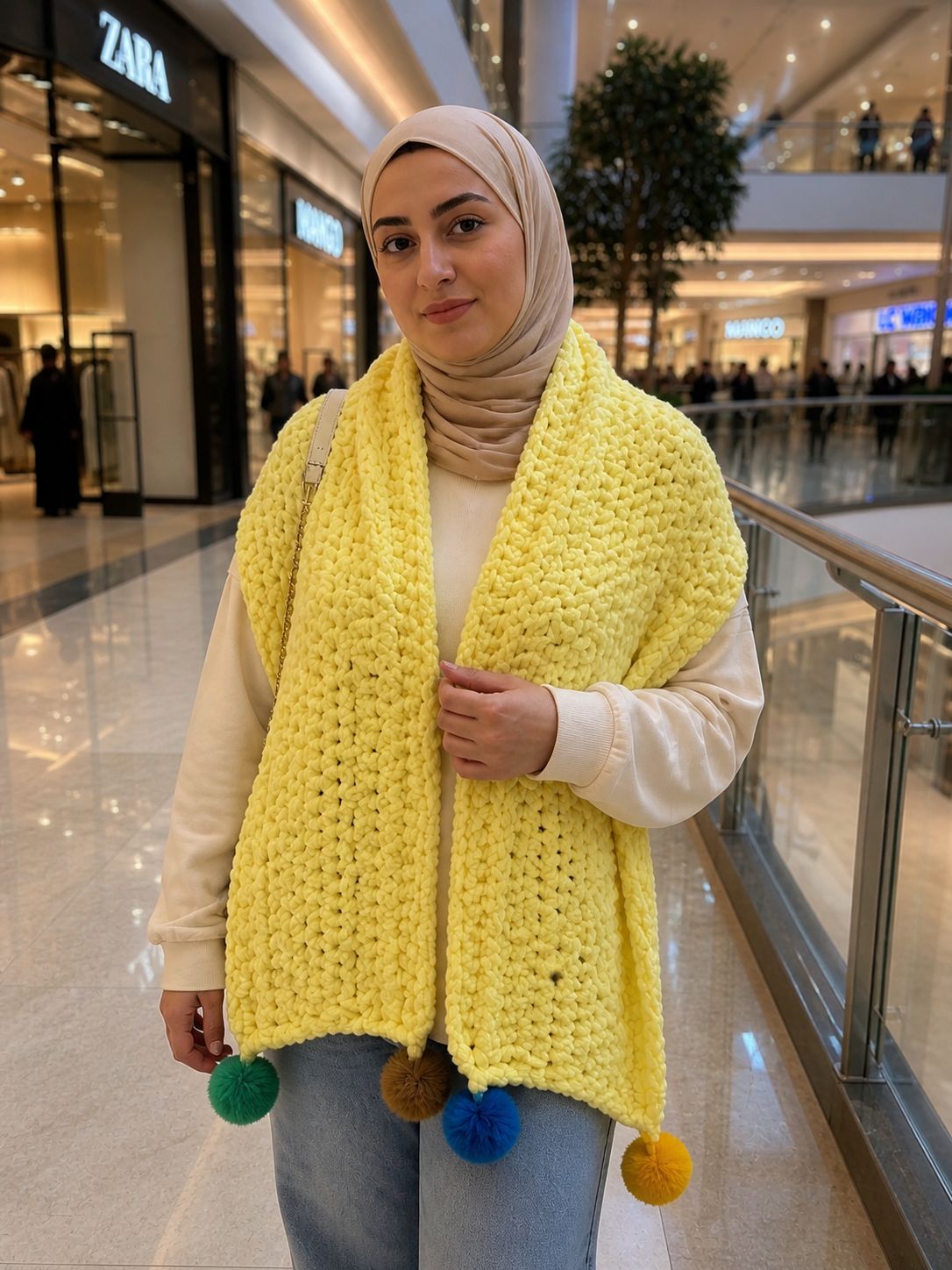 شال متوسط الحجم مش كبير ولكن جميل بخيوط ون القطيفة ناعمة وجميلة جدا جدا وكمان ممكن تستخدميه كوفية