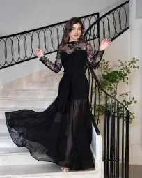 فستان دنتيل مع ببيونة - اسود -S